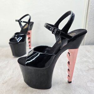 Pleaser Stiletto High Heel Sz 7 Black Patent Platform Ankle Strap Dressy Pumps